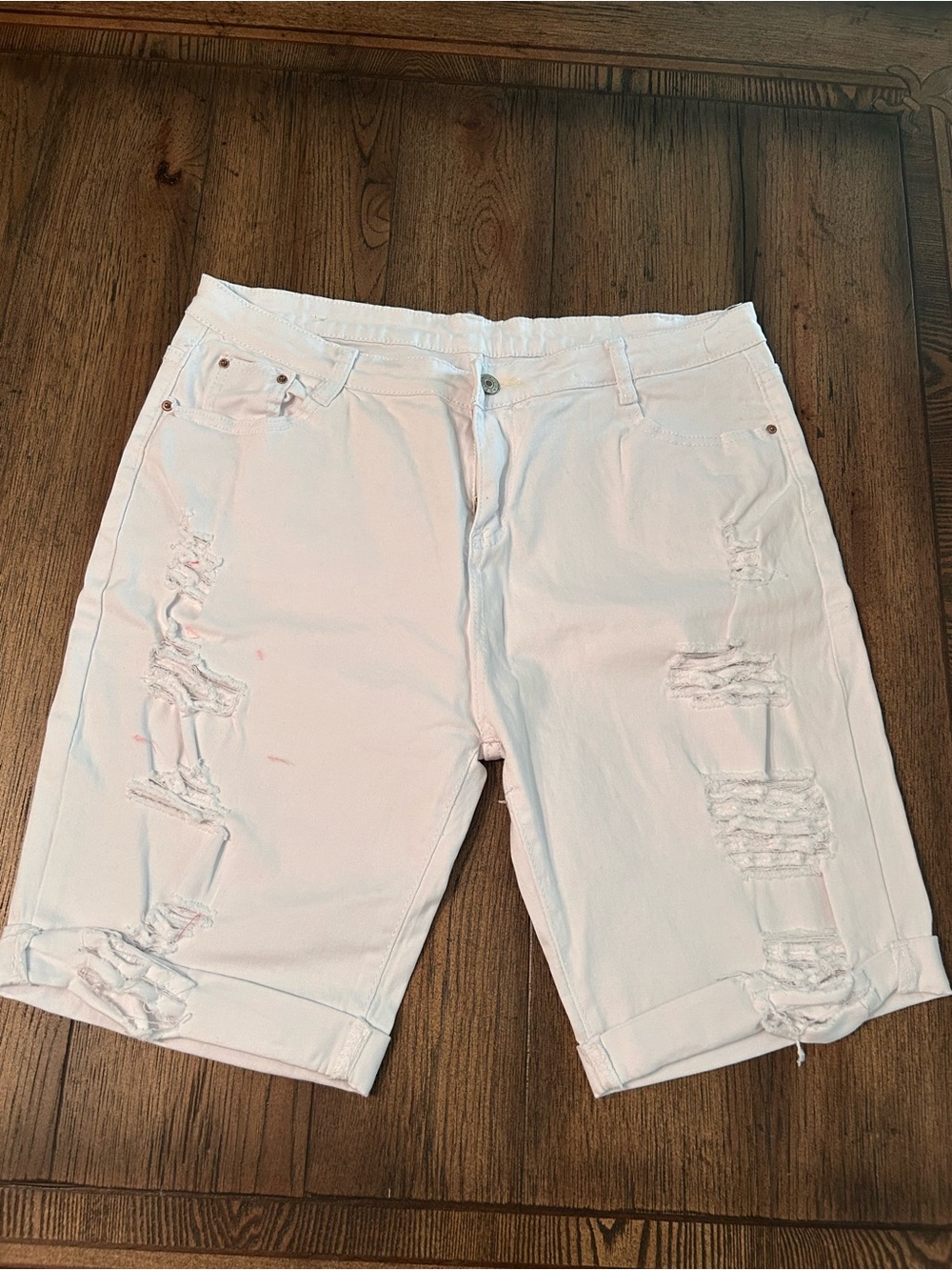 Women's White Distressed Denim Jean Shorts - Classic Rolled Hem